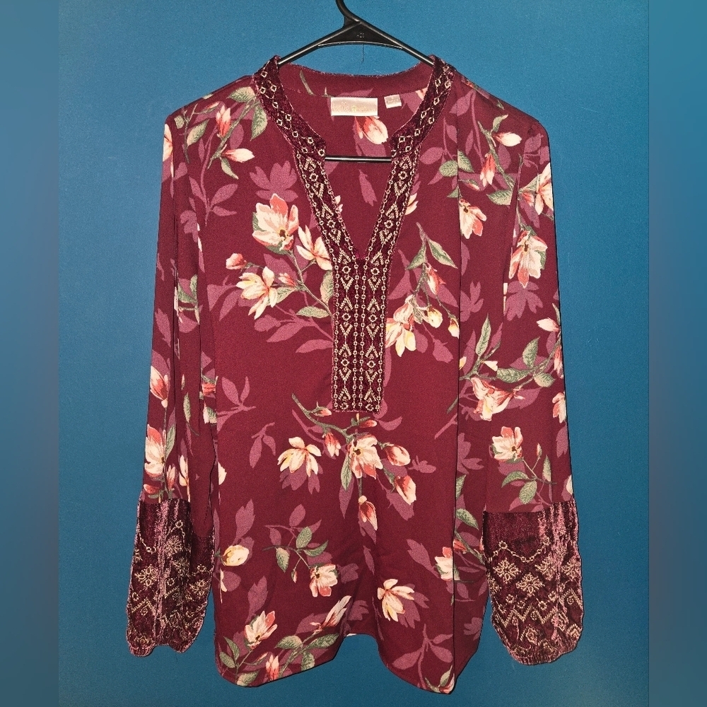 Burgundy Bishop Sleeve Floral Blouse with velvet accents, Size Small - Picture 12 of 14